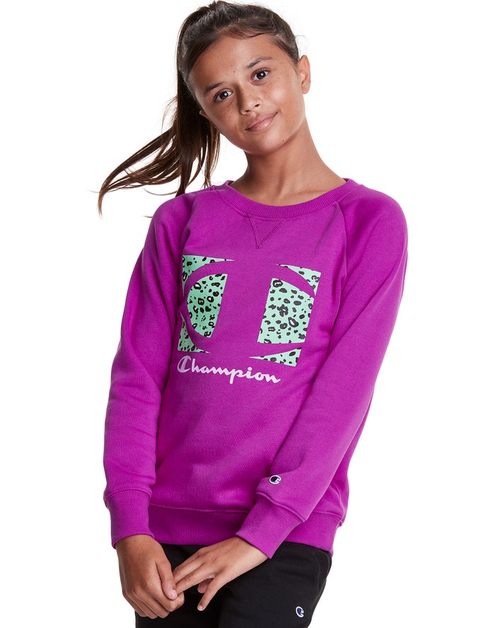 Champion Hoodie Meisjes - Paars - Fleece Raglan Crew Leopard Knockout Logo ( 128596-ZUB )